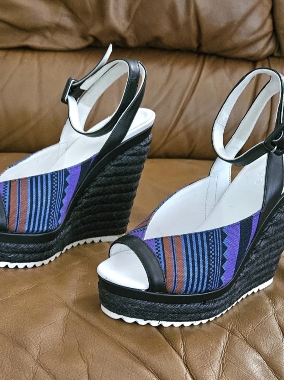 Hermes Multicolor Stripes Leather & Fabric Wedge Sandals Heels Size 6 US